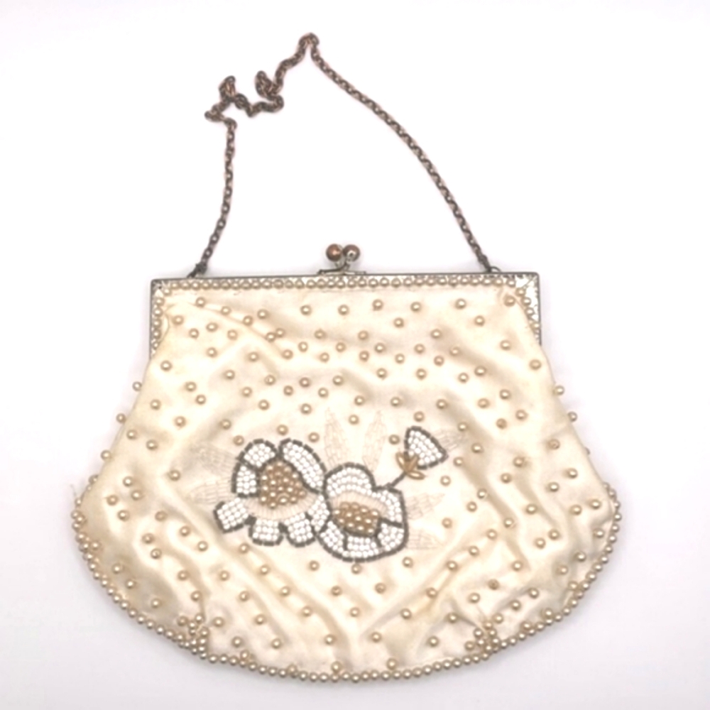 Vintage Cream Satin and Pearl Beaded Mini Bag Purse Evening Handbag